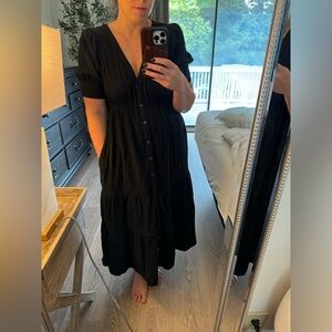 MADEWELL COTTON MUSLIN BLEND BUTTON DOWN MIDI DRESS IN BLACK WITH POCKETS